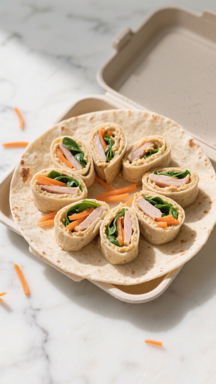 Overhead shot of mini turkey and veggie pinwheels neatly sliced and arranged in a tidy spiral on a small toddler bento tray; visible soft whole-wheat tortillas tightly rolled with layers of mild hummus, thinly sliced turkey breast, finely shredded carrot, and finely chopped baby spinach; a few loose shreds of carrot and spinach scattered for texture; bright, clean daylight on a pale marble surface; emphasis on tidy, no-fall-apart rolls and soft textures, professional crisp focus