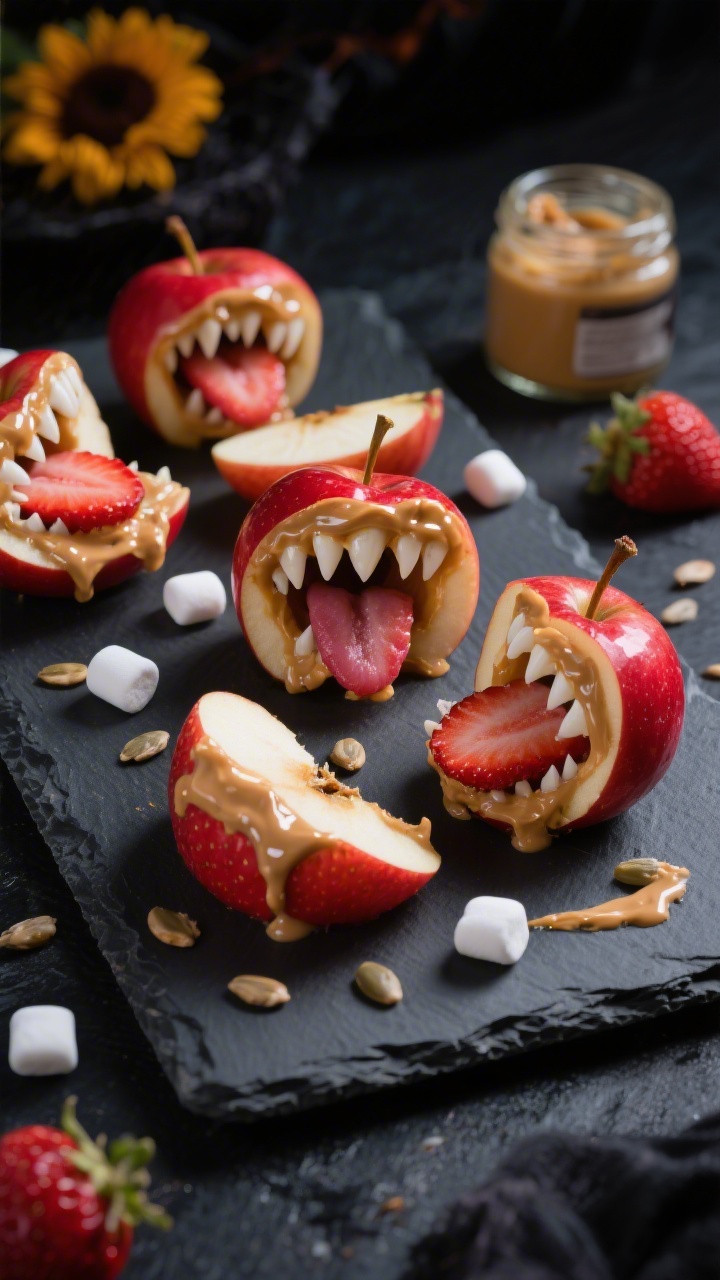 Overhead shot of Monster Apple Bites on a slate board: crisp red apple wedges opened like mouths, edges smeared with glossy sunflower seed butter acting as gums, mini marshmallows pressed in as jagged teeth, optional fresh strawberry slices poking out like playful tongues; vibrant reds and creamy whites against dark slate for Halloween contrast, sharp focus on textures of apple skin and sticky butter, moody but appetizing studio lighting, no people, professional food styling with a few scattered mini marshmallows and a jar of sunflower seed butter in the background.