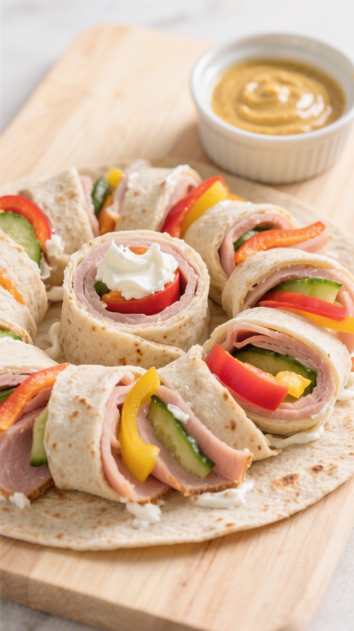 Overhead shot of rainbow turkey pinwheel roll-ups neatly arranged in a spiral on a light wooden board: whole-wheat tortillas spread with a thin layer of plain Greek yogurt mixed with a dollop of whipped cream cheese and a hint of mild honey mustard, rolled around low-sodium turkey slices, colorful veggie strips peeking from the spiral (think thin red bell pepper, yellow bell pepper, cucumber), clean toddler-friendly presentation with a small ramekin of extra yogurt-honey-mustard dip; bright, natural light, crisp textures, no people.