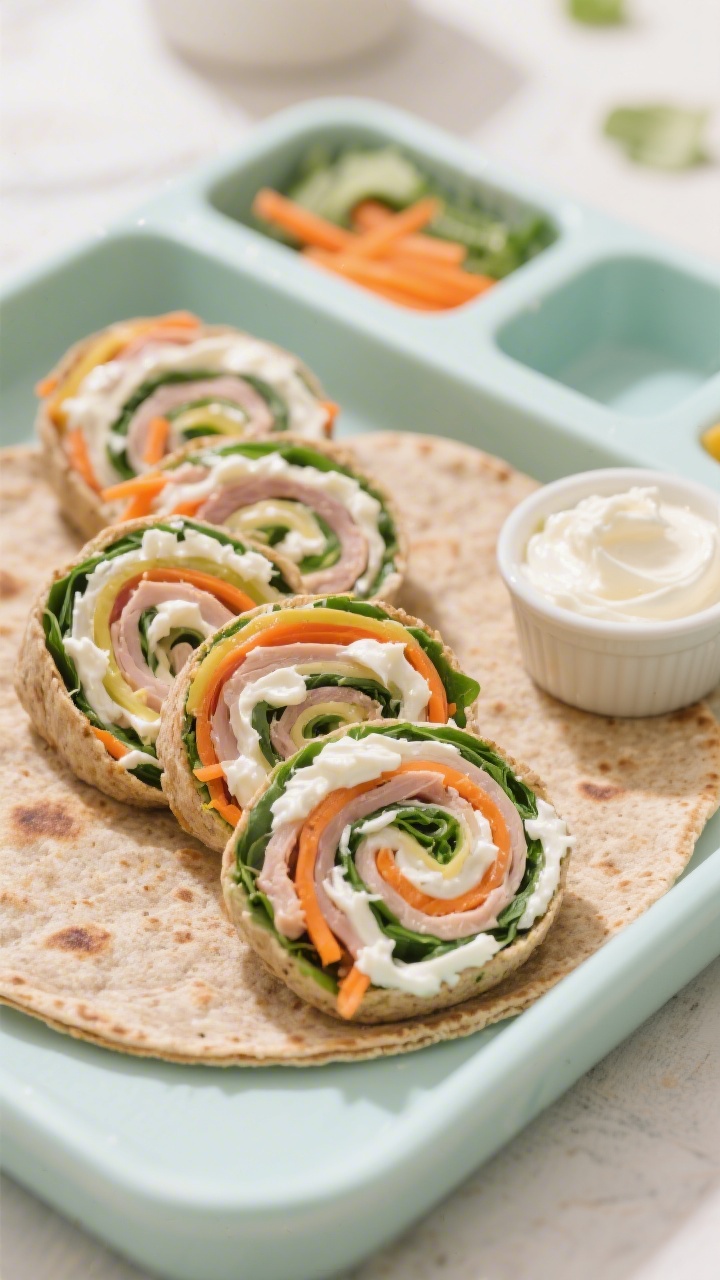Overhead shot of rainbow turkey pinwheels on a small toddler bento tray: whole-wheat and spinach tortillas spread with fluffy cream cheese “clouds,” layered with low-sodium turkey and bright shredded carrots, sliced into tight spirals showing green, orange, and creamy white swirls; styled on a pastel plate with a tiny ramekin of extra cream cheese, soft natural daylight, crisp textures, no people.