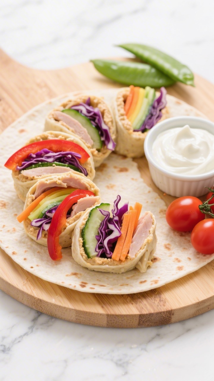 Overhead shot of Rainbow Turkey Sushi Rolls arranged in a spiral on a bamboo board: soft gluten-free tortillas spread with creamy hummus, layered with thin-sliced turkey, crisp rainbow veggies like red bell pepper strips, cucumber matchsticks, shredded purple cabbage, and orange carrot ribbons, then tightly rolled and sliced into bite-size pinwheels; served with a small ramekin of Greek yogurt ranch and a few cherry tomatoes and snap peas for color; bright, kid-friendly styling on a white marble surface, natural light, no seaweed visible.
