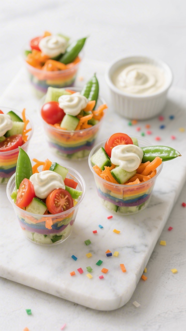 Overhead shot of Rainbow Veggie Confetti Cups: clear mini cups layered with diced cucumber, mini bell peppers, shredded carrots, halved cherry tomatoes, and chopped sugar snap peas, each cup topped with a swirl of creamy ranch dressing and extra drizzle on the side; bright, kid-friendly palette with crisp textures, styled on a white marble board with a small ramekin of ranch and scattered veggie “confetti,” soft daylight, no people.