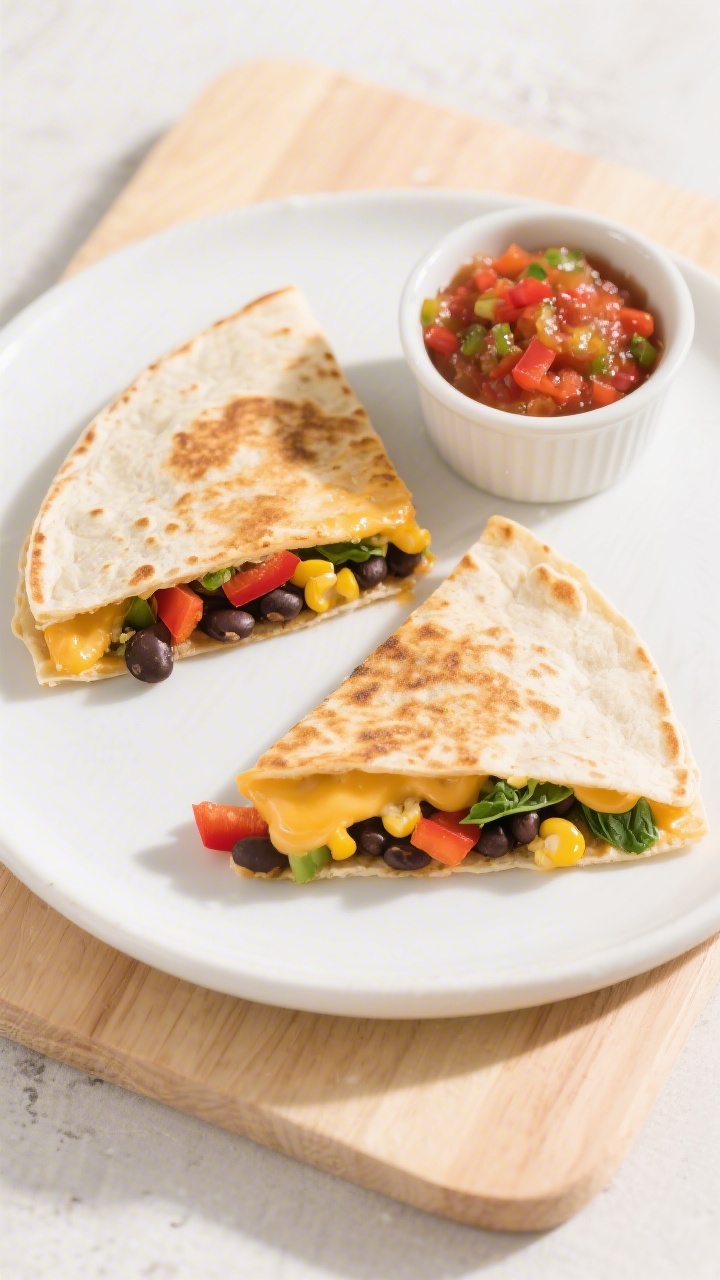 Overhead shot of rainbow veggie quesadilla triangles on a white plate: two small 6-inch flour tortillas crisped golden, oozing mild cheddar/mozzarella, with visible layers of mashed black beans, finely chopped red bell pepper, and finely chopped yellow corn and green spinach peeking from the cut edges; served on a light wooden board with a small ramekin of mild salsa; bright, kid-friendly styling, clean natural light, emphasis on colorful veg and melty cheese.