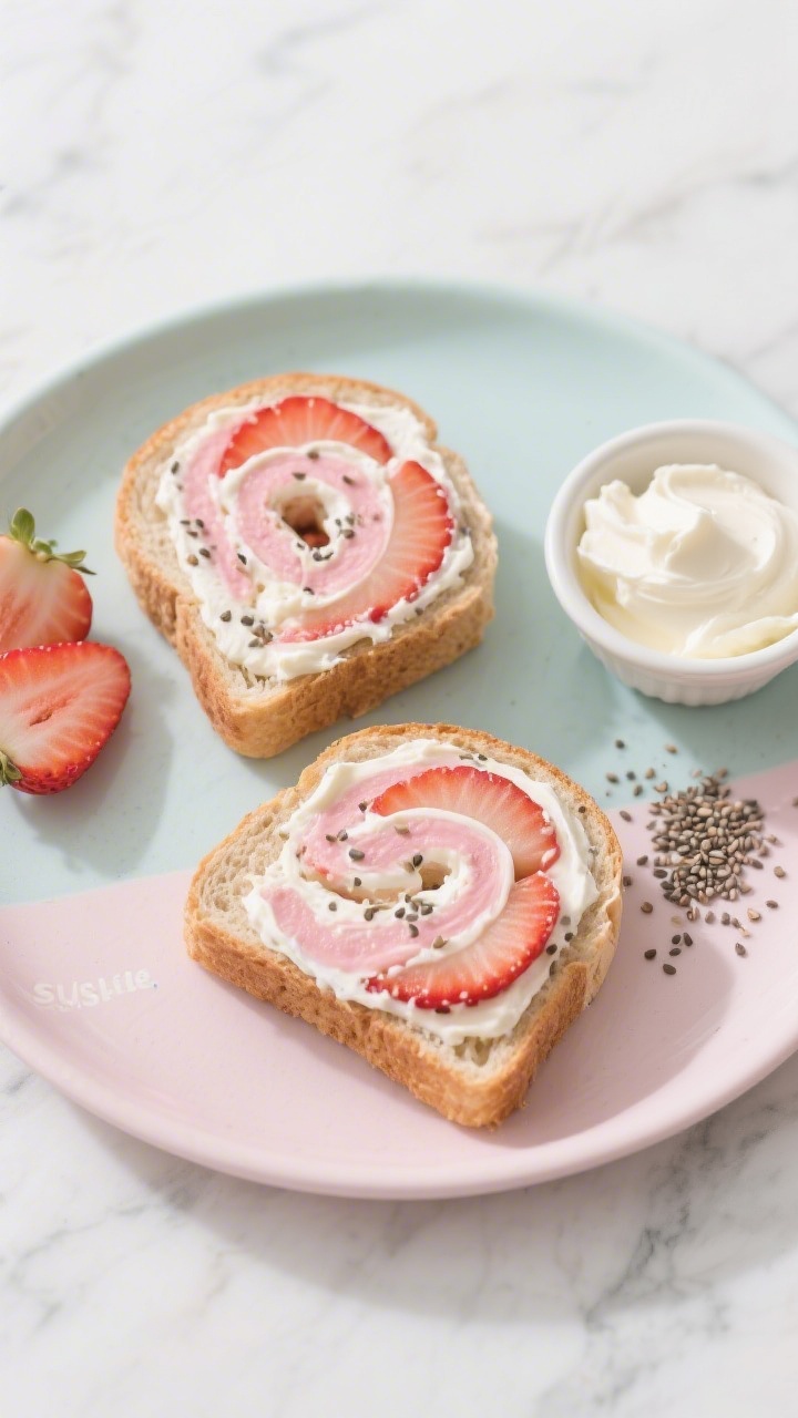 Overhead shot of strawberry cream cheese “sushi” roll-ups on a small pastel toddler plate: two crustless soft whole wheat bread slices rolled flat, spread with plain or strawberry cream cheese, lined with thinly sliced strawberries, tightly rolled and sliced into bite-size pinwheels, lightly sprinkled with chia seeds. Styled on a light marble surface with a tiny ramekin of extra cream cheese, a few strawberry slices, and a pinch of loose chia “sprinkle.” Bright, clean lighting, soft kid-friendly vibe, sharp focus on the swirled pink-and-white centers.