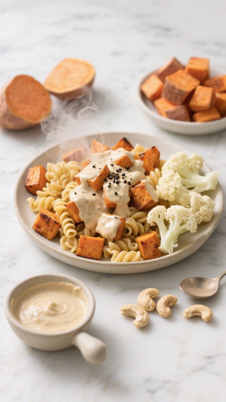 Overhead shot of Sweet Potato “Mac” with Creamy Cauli Sauce: small pasta-like cubes of roasted 1/2-inch sweet potatoes coated in a silky cauliflower-cashew sauce, steam visible, garnished with a sprinkle of black pepper and a few cauliflower florets on the side; include a small bowl showing the blended sauce next to raw components—cauliflower florets, soaked raw cashews, and cubed sweet potatoes—styled on a light marble surface with a neutral ceramic toddler bowl and spoon for scale, bright natural light, soft shadows, ultra appetizing and creamy textures.