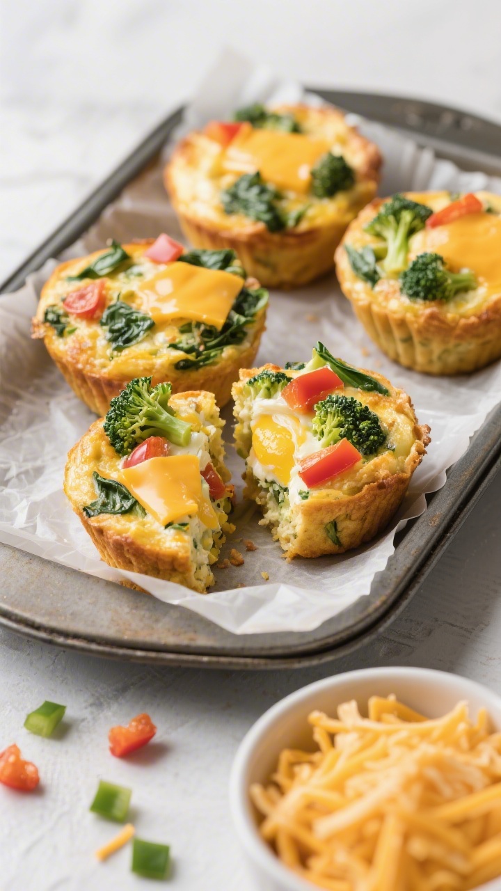 Overhead shot of veggie-loaded egg muffins with cheese in a parchment-lined tray: golden, puffed muffin cups studded with finely chopped spinach, bell pepper, and softened broccoli, with melted cheddar on top; one muffin cut in half to show the colorful interior; a small bowl of shredded cheese and scattered chopped veggies as styling accents.