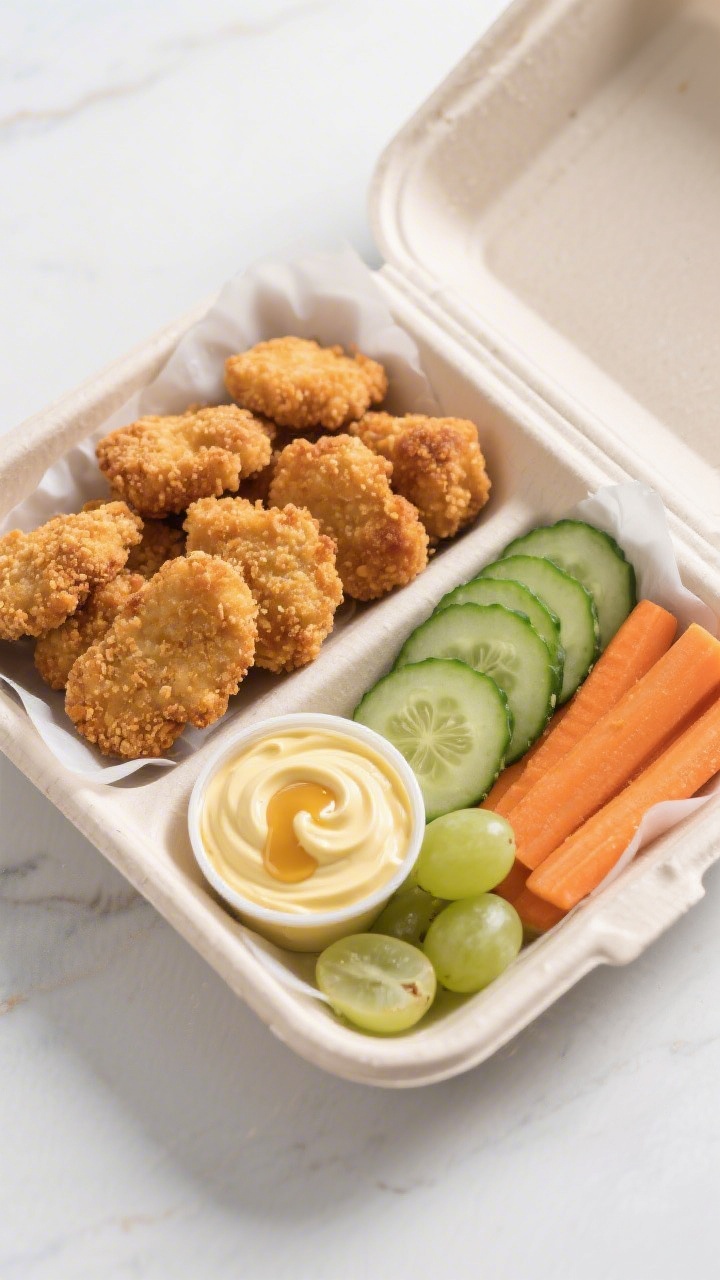 Overhead snack box composition of Crunchy Chicken Snack Box: baked frozen breaded chicken nuggets/tenders arranged on parchment in a compartmentalized lunch container, extra-crispy crumb texture; neat rows of cucumber rounds, baby carrots, and halved seedless grapes; a small lidded cup of honey-mustard yogurt dip (pale yellow, creamy swirls) with a light drizzle of honey on top; cool, bright lighting, minimal props, focus on crispness and fresh produce color contrast.