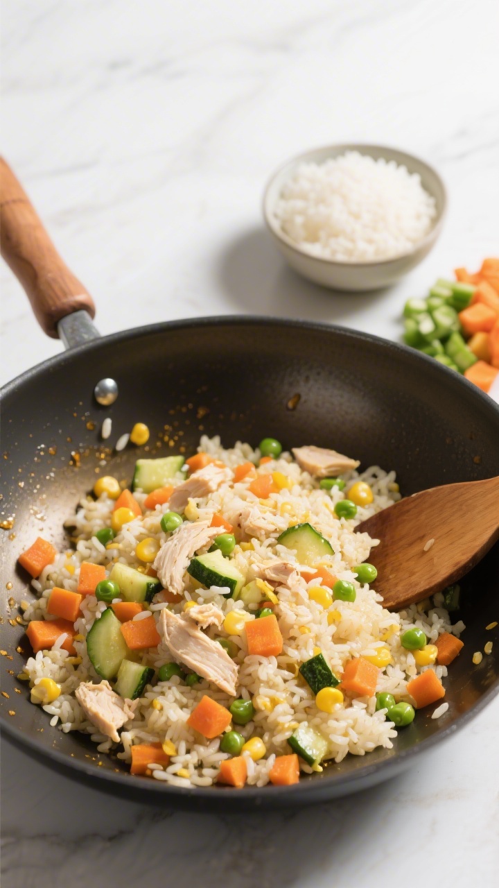 Overhead wok shot of veggie-loaded chicken fried rice (toddler-soft): glossy rice with finely diced carrots and zucchini, peas (or corn), and flaked canned chicken, all cut very small for softness; minimal oil sheen, gentle golden spots from the pan; wooden spatula resting at the edge; a small bowl of cooled cooked rice and tiny prepped veggie piles visible to one side for context; bright, vibrant colors, clean composition.
