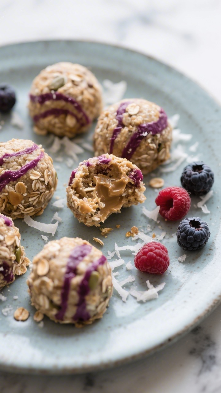 Plated, 45-degree angle hero shot of no-bake coconut oat bites with berry swirls: round bites made from quick oats, unsweetened shredded coconut, ground flaxseed, and sunflower seed butter, marbled with visible streaks of mixed berries. Arrange on a cool-toned ceramic plate with a few fresh berries and coconut shreds scattered around; one bite cut open to show chewy texture and purple-red berry ribbons. Soft diffused light, high contrast to highlight the coconut flecks and oat texture, freezer-friendly vibe with a chilled marble backdrop.