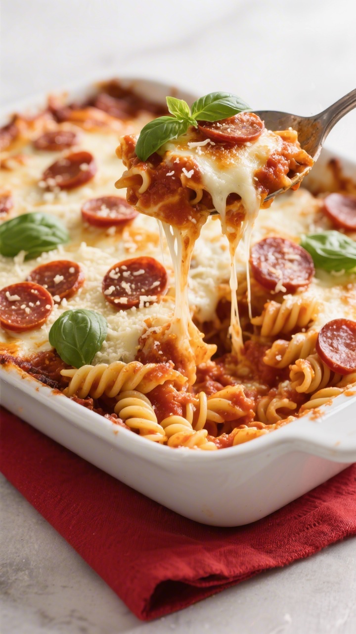 Plated casserole scoop of pizza pasta bake at a 45-degree angle: al dente rotini tossed with marinara/pizza sauce, topped with bubbly browned mozzarella, grated Parmesan, and scattered mini pepperoni coins; cheese pull visible from the baking dish to the serving spoon; garnished with a few torn basil leaves on a red-tinged napkin to suggest pizzeria flavor.