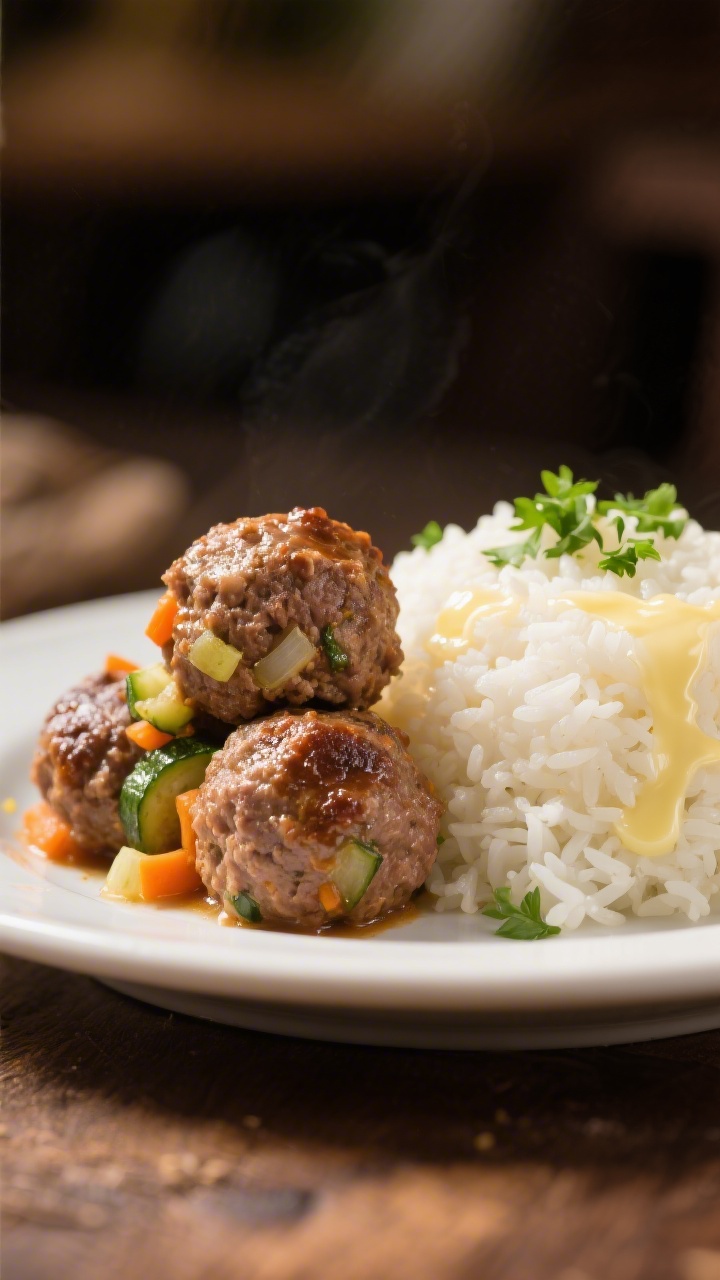 Plated comfort-food portrait, straight-on: cozy beef-and-veggie meatballs—lean ground beef mixed with fine breadcrumbs, milk, egg, very finely grated zucchini and carrot, and a touch of onion—browned and glossy, stacked beside a mound of buttered white rice with visible butter melt; a sprinkle of chopped parsley for color; warm, homey lighting, shallow depth of field emphasizing the tender meatball texture.