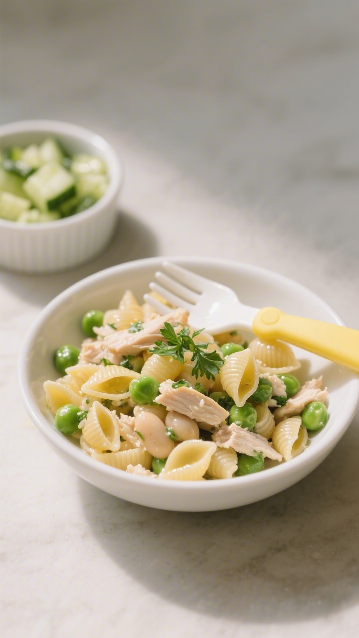 Plated toddler-friendly Soft Pasta Salad with Peas, Chicken, and Lemon-Herb Drizzle, shot straight-on: mini shells (or ditalini/orzo) glistening with a light lemon-herb vinaigrette, tender peas, finely chopped cooked chicken (or white beans as an alternative shown in a tiny side dish), finely diced cucumber, and a sprinkle of fresh parsley; served in a small white bowl with a silicone toddler fork beside it; colors soft and inviting, gentle backlight highlighting moisture and tenderness.