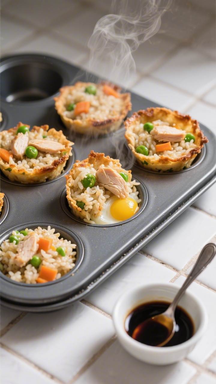 Process shot at a 45-degree angle of mini chicken-and-veggie fried rice cups in a nonstick muffin tin: cooked and cooled rice mixed with finely chopped cooked chicken, thawed peas and carrots, and lightly beaten egg bound together; a small bowl of low-sodium soy sauce and a spoon for drizzling nearby; a few cups lifted to reveal crispy edges, steam faintly rising, kitchen tile surface.