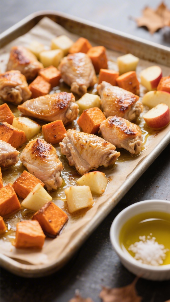 Sheet-pan ingredient-cooking scene at 45 degrees: boneless skinless chicken thigh bites, sweet potato cubes, and Gala apple cubes spread in even layers on a parchment-lined pan, edges caramelizing; subtle sheen of oil, light browning on chicken, sweet potatoes turning deep orange, apples slightly translucent; a small bowl of olive oil and a sprinkle of salt nearby; cozy autumnal palette, crisp focus on contrasting textures and roasted surfaces, no people, just the sizzling, delicious simplicity.
