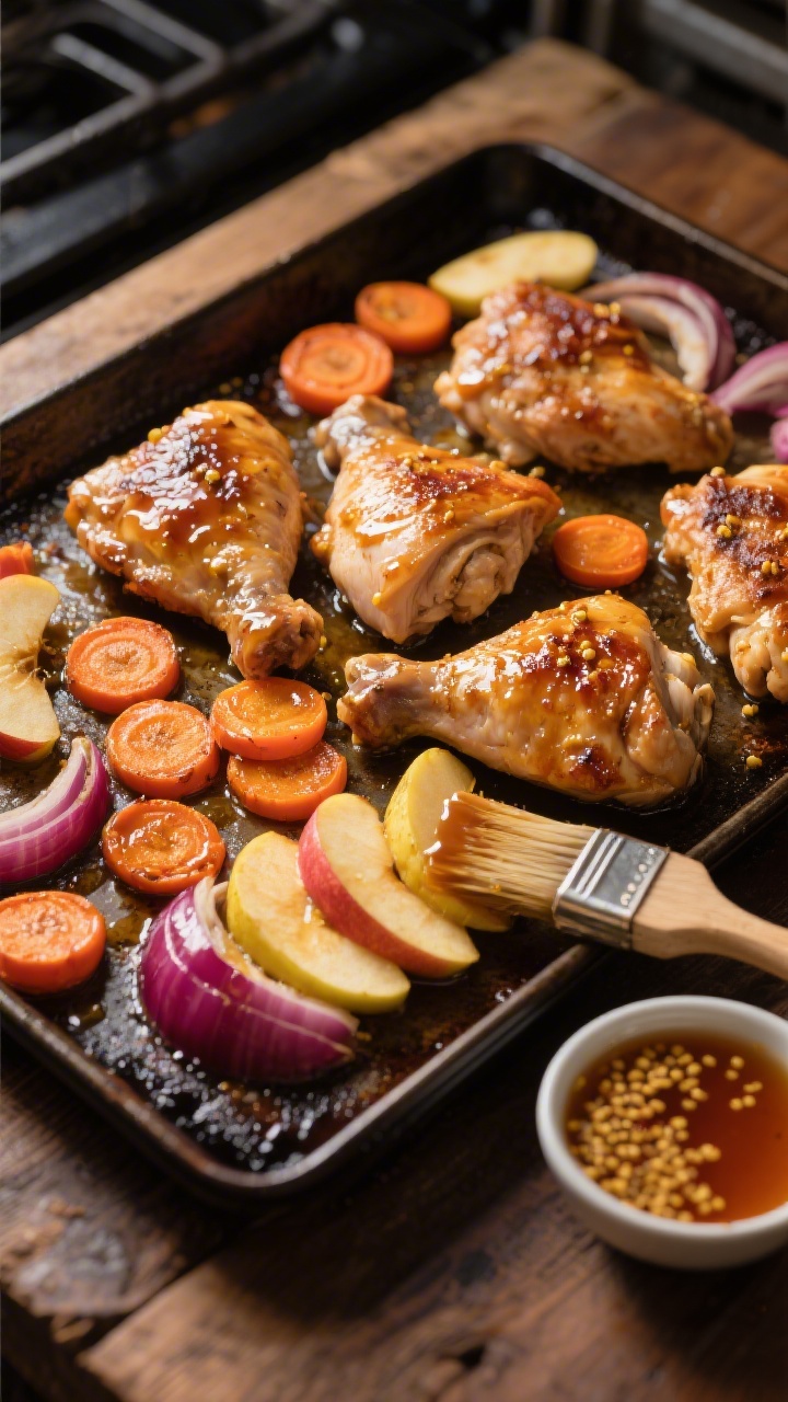Sheet-pan process shot, overhead: roasted chunks of boneless skinless chicken thighs, caramelized carrot coins, golden-edged apple wedges, and softened red onion slices glistening under a maple mustard glaze; glaze brush and a small bowl of maple syrup + grainy mustard nearby; dark, well-seasoned sheet pan on a wooden surface, warm oven-side lighting emphasizing gloss and browned edges.