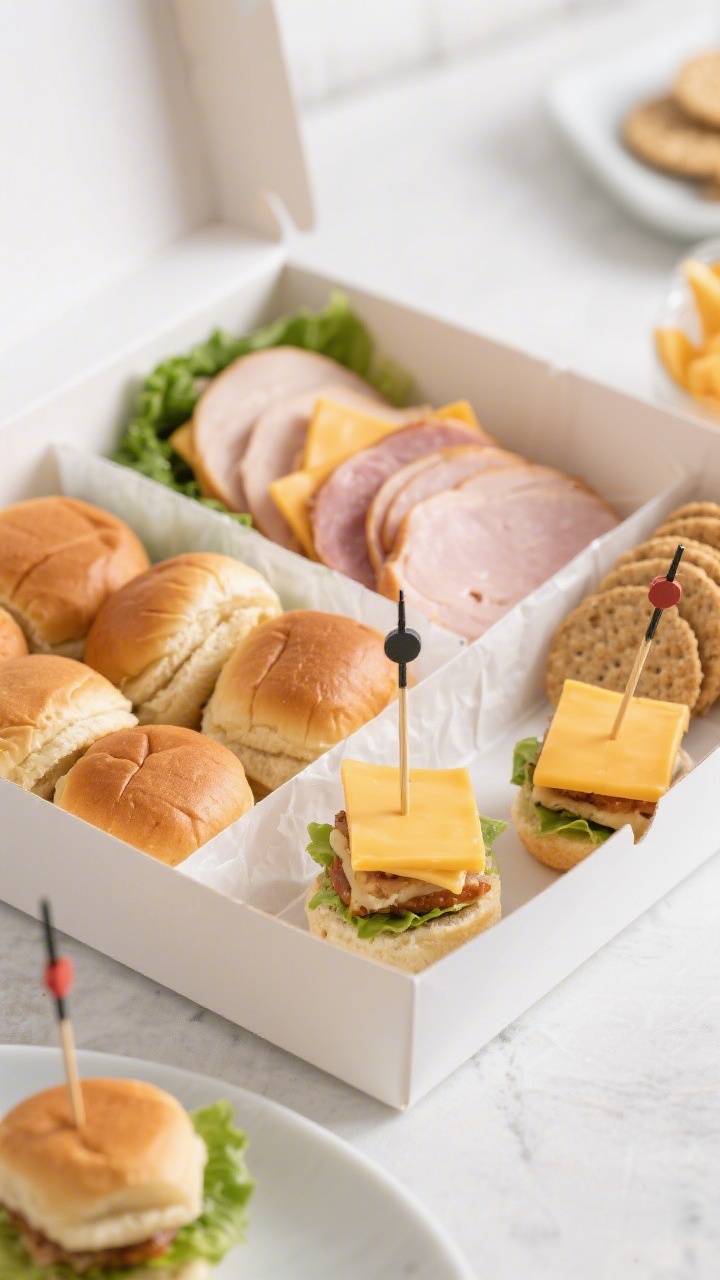 Straight-on, 45-degree angle plated scene of a DIY mini sandwich party box: open compartments with 6–8 mini slider buns and stacks of quartered turkey, ham, mild cheddar, and provolone. Include whole-grain cracker rounds as an alternate base in a side section. Show a few assembled bite-size sandwiches skewered with mini picks, cheese corners peeking out, clean white bento with parchment dividers, subtle garnish of lettuce leaves for color, bright family-friendly mood, shallow depth of field, crisp textures on deli meats and cheese.