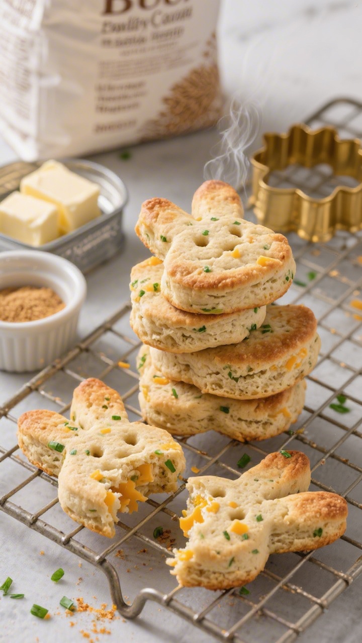 Straight-on bakery-style shot of Savory Cheddar-Chive Bunny Biscuits: whole wheat, super fluffy biscuits cut into bunny shapes, stacked on a cooling rack. Visible flecks of sharp cheddar and finely chopped chives, with a hint of garlic powder noted by a small ramekin nearby. Ingredients in the background: whole wheat pastry flour bag, baking powder tin, cold unsalted butter cubes, and a pastry cutter. Golden, lightly browned tops, steam subtly visible, soft interior crumb highlighted by a broken biscuit in front.