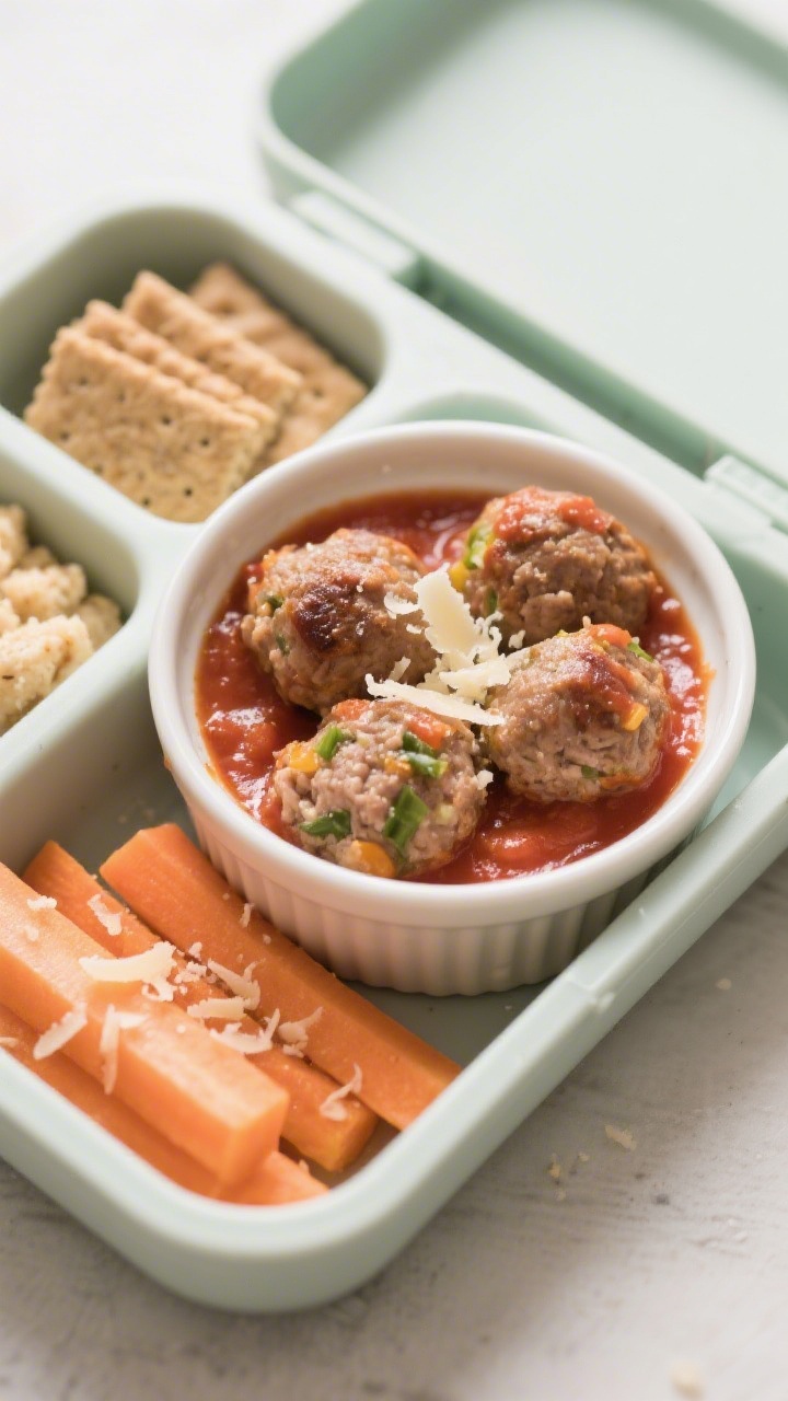 Straight-on bento box presentation of tiny turkey meatballs with hidden-veg marinara; small, evenly browned meatballs (ground turkey, fine breadcrumbs, parmesan, egg, onion and garlic powder, Italian seasoning) nestled in a ramekin of smooth tomato marinara; adjacent compartments with bite-size whole-grain crackers and soft veggie sticks to suggest a complete toddler lunch; garnished with a light sprinkle of parmesan; clean, natural light and crisp detail