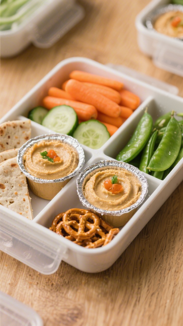 Straight-on, bento-style build-your-own mini hummus boxes: clear meal-prep containers neatly divided with single-serve hummus cups (foil peeled back), piles of baby carrots, cucumber rounds, sugar snap peas, whole-grain pita triangles, and a small section of pretzel thins; crisp textures and dewy freshness on the veg; natural wood surface for warmth, minimalist styling, bright family-friendly vibe, professional sharpness.
