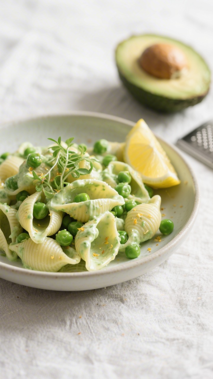 Straight-on bowl shot of Creamy Avocado Pasta Shells with Peas and Lemon: small pasta shells coated in a silky green avocado-Greek yogurt sauce, bright green peas tucked into the shells, glistening with a light lemon zest sprinkle. Garnish with micro zest curls and a tiny drizzle of olive oil; a halved ripe avocado, lemon wedge, and a microplane in soft-focus background. Smooth, creamy texture emphasized, pale ceramic bowl on a light linen, cool natural light for freshness, ultra-appetizing toddler-friendly presentation.