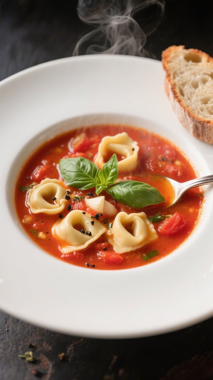 Straight-on bowl shot of creamy tomato basil tortellini soup: plump cheese tortellini swimming in a silky, rich crushed-tomato broth infused with garlic, onion, and Italian seasoning; ribboned fresh basil on top, a drizzle of olive oil, crack of black pepper; served in a wide white bowl with a soup spoon, steam rising, rustic bread slice at side, warm red-and-green color contrast.