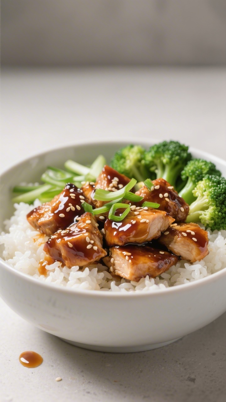 Straight-on bowl shot of teriyaki chicken rice bowls: bite-size chicken thigh pieces lacquered in sweet sticky teriyaki sauce, glossy and sesame-speckled, piled over warm white rice; sides of bright green steamed broccoli florets and thinly sliced scallions; a small drizzle of extra sauce pooling slightly; neutral background, clean modern styling, appetizing shine on the glaze.