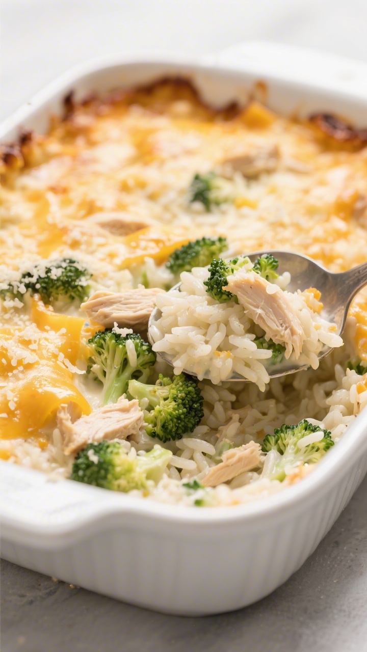 Straight-on casserole close-up of creamy chicken broccoli rice bake (no canned soup): bubbling edges in a white baking dish, a cohesive creamy mix of cooked rice, finely chopped steamed broccoli florets, shredded chicken, and a melty layer of mild cheddar with a sprinkle of grated Parmesan; a serving spoon revealing the creamy interior, subtle golden cheese spots, warm homey lighting, comforting and kid-approved.