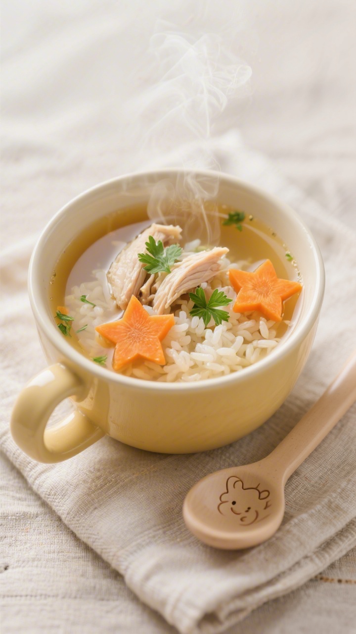 Straight-on close-up of a cozy chicken rice soup with carrot stars: clear golden broth in a small handled soup mug, tender shredded chicken, soft white rice, and whimsical carrot slices cut into star shapes floating on top; a few fresh parsley leaves for a pop of green; delicate steam visible, a tiny toddler-sized ladle resting on a linen; focus on the soothing, homestyle vibe and the playful carrot stars.