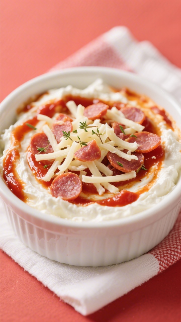 Straight-on close-up of a no-cook cottage cheese “pizza” bowl in a small white ramekin: creamy full-fat cottage cheese swirled with no-sugar marinara, topped with a sprinkle of shredded mozzarella and finely chopped mild pepperoni/turkey pepperoni. Garnish with a tiny pinch of dried oregano for color contrast. Background is a simple red-and-white napkin, soft diffused light, emphasis on curdy texture, glossy sauce ribbons, and melty cheese strands—no cooking equipment in frame.