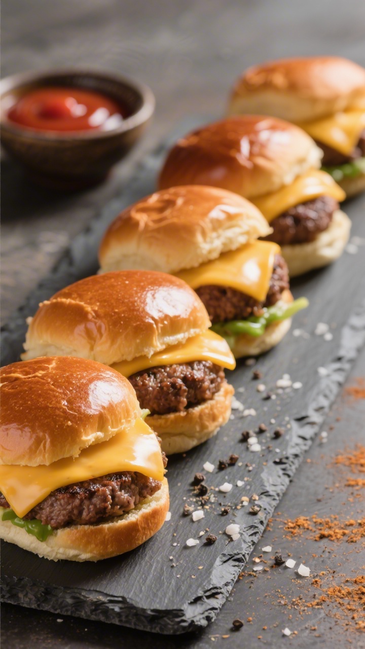Straight-on close-up of cheeseburger sliders lined up on a slate board: juicy ground beef patties seasoned with kosher salt, black pepper, onion powder, and garlic powder, tucked into glossy Hawaiian rolls, melty quartered cheddar slices oozing at the edges, a small bowl of smooth “hidden veggie” ketchup in the background, shallow depth of field for a craveable, diner-style vibe.