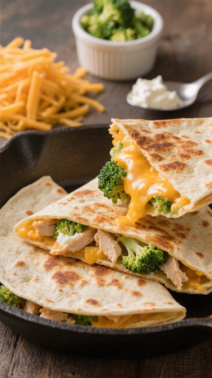 Straight-on close-up of cheesy chicken broccoli quesadilla foldovers on a cast-iron skillet: folded flour tortillas crisped golden-brown with little cheese blisters at the edges, a cut wedge lifted to reveal a gooey pull of melted mild cheddar/Monterey Jack mixed with finely chopped cooked chicken, steamed broccoli florets, and a smear of cream cheese binding it all; a stack of shredded cheese, a ramekin of extra finely chopped broccoli, and a spoon with cream cheese in background; warm directional light, melty, irresistible cheese focus, no people in frame