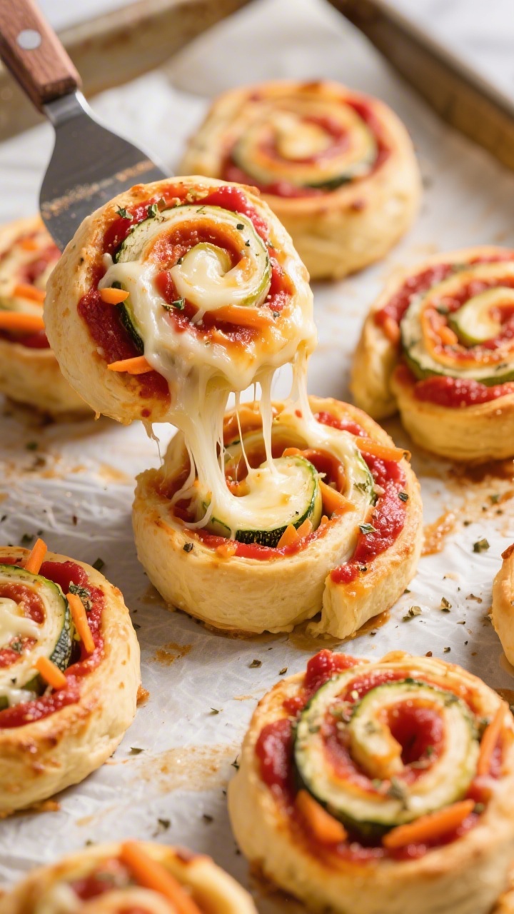 Straight-on close-up of Cheesy Pizza Pinwheels just out of the oven on a parchment-lined baking tray: spirals showcasing melted mozzarella pull, vibrant red pizza sauce, and flecks of dried Italian seasoning with finely grated carrot/zucchini peeking through the layers. Golden, slightly blistered edges, a few pinwheels lifted on a spatula to reveal the swirl interior. Warm, cozy tones, emphasis on gooey cheese and hidden veg.
