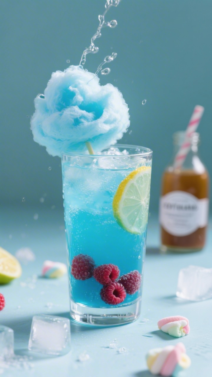 Straight-on close-up of Cotton Tail Cloud Punch: a clear highball glass filled with electric blue raspberry drink blended with lemon-lime soda, faint coconut note hinted by a labeled extract bottle in the background. A fluffy tuft of blue cotton candy perched on top dissolving into the fizz, threads catching the light. Ice cubes and extra cotton candy pieces scattered on a cool-toned backdrop for a whimsical, candy-shop vibe.