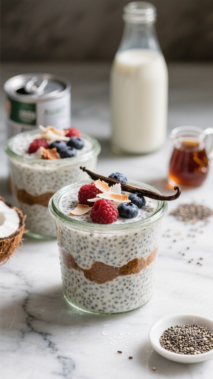 Straight-on close-up of creamy coconut chia pudding parfaits layered in small glass jars: speckled chia pudding made from full-fat coconut milk and plant milk, lightly sweetened with maple syrup, perfumed with vanilla; topped with fresh berries and a sprinkle of toasted coconut flakes; condensation on the glass for a chilled, make-ahead feel; styled on a cool marble surface with an open can of coconut milk, a bottle of oat milk, chia seeds scattered, and a tiny pitcher of date syrup in the background, soft diffused light.