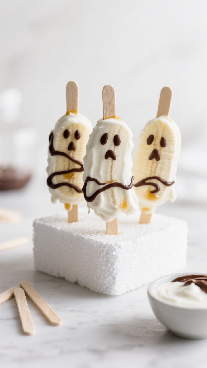 Straight-on close-up of Ghostly Banana Pops set upright in a foam block covered with parchment: halved ripe-but-firm bananas on popsicle sticks dipped and coated in thick vanilla Greek yogurt, a delicate honey/maple syrup sheen, chocolate drizzle creating spooky faces and wavy accents; cold, frosty look with tiny yogurt ridges visible, bright white tones contrasted by dark chocolate, a few spare popsicle sticks and a small bowl of yogurt and chocolate in soft background blur, clean high-key lighting to emphasize freshness and creamy texture.
