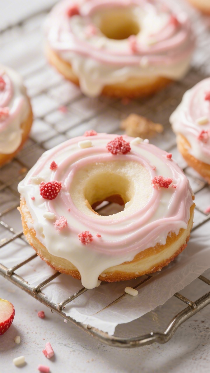 Straight-on close-up of Heart-Healthy Apple “Donuts” on a cooling rack over parchment: thick apple rings (Gala/Honeycrisp) cored to reveal donut holes, generously frosted with vanilla Greek yogurt lightly sweetened with honey/maple and a hint of strawberry extract for pale pink swirls; topped with freeze-dried strawberry crumbs and a few festive sprinkles; glossy yogurt, crisp apple edges with visible moisture; fresh, wholesome vibe, soft daylight with gentle shadows.