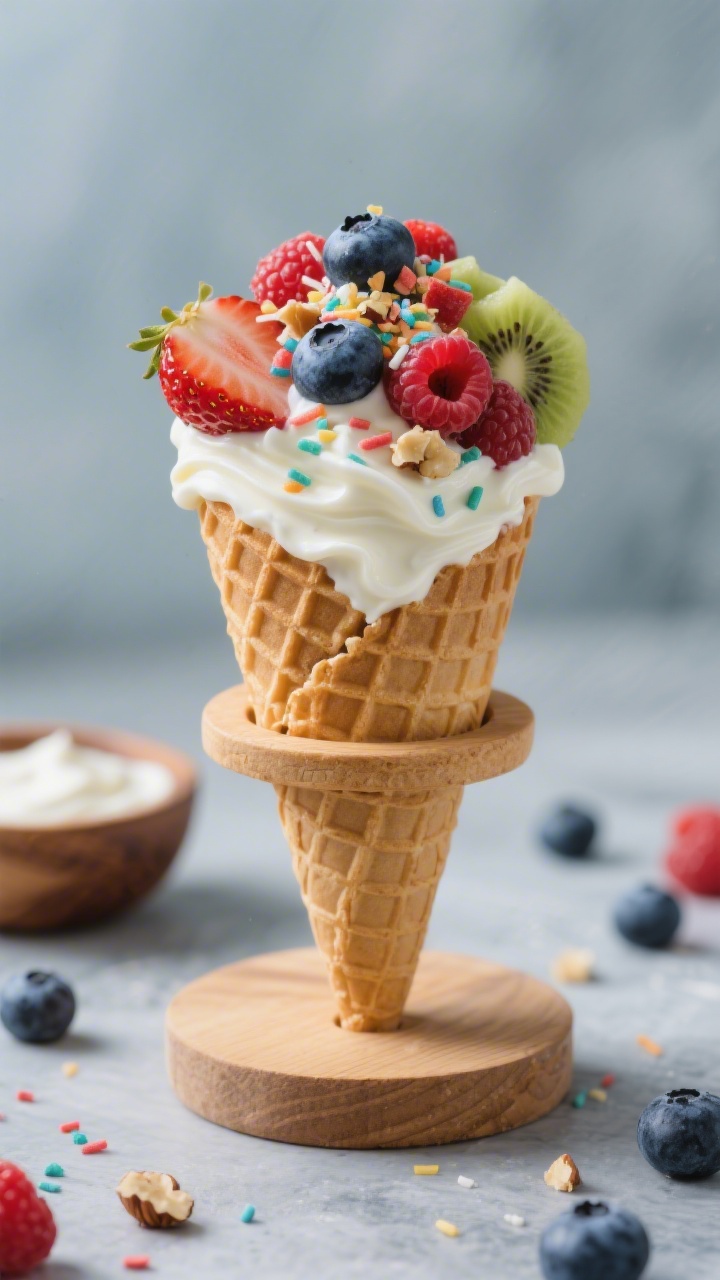 Straight-on close-up of Power-Up Fruit Cones with Yogurt Confetti: small waffle cones standing in a wooden cone holder, brimming with vanilla Greek yogurt lightly sweetened with maple/honey and vanilla, topped with a vivid mix of chopped strawberries, blueberries, raspberries, and kiwi; a sprinkle of finely chopped nuts or colorful yogurt “confetti” on top; cool-toned background with scattered berries and a small bowl of yogurt; focus on creamy swirls, juicy fruit gloss, and waffle texture.