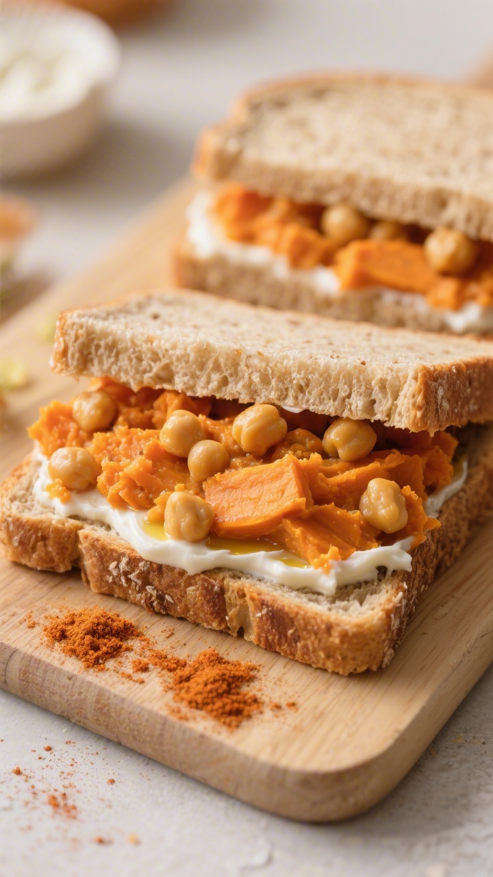 Straight-on close-up of sandwich squares neatly cut, filled with a vibrant orange sweet potato and chickpea smash: mashed sweet potato and chickpeas bound with a touch of plain yogurt or olive oil, gently seasoned with mild curry powder or paprika (warm hue visible), spread between soft whole-grain bread; a pinch of spice on the board, clean kid-friendly presentation, warm natural light.