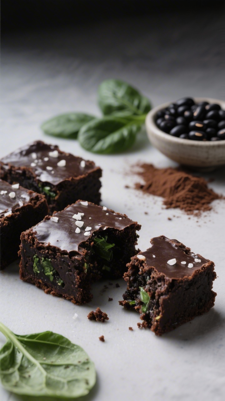 Straight-on decadent squares of fudgy black bean brownies with hidden spinach, ultra-dark, dense crumb with a glossy top and sea salt flakes; one brownie bitten to show moist interior; a small bowl of black beans, a few spinach leaves, and cocoa powder scattered subtly in the background; moody lighting for rich chocolate allure, clean minimal styling.