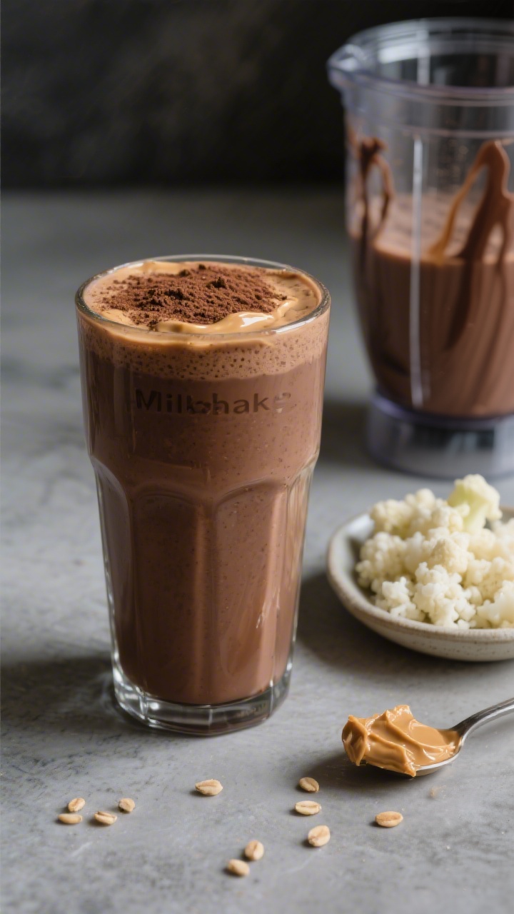 Straight-on hero shot of a Chocolate Banana “Milkshake” with Hidden Cauliflower in a thick glass, rich cocoa-brown, ultra-creamy texture with a gentle peanut butter ripple on top and a dusting of unsweetened cocoa powder; beside it, a small dish of frozen cauliflower rice and a spoonful of peanut butter (or sunflower seed butter) to hint at the secret veg; background shows a blender cup with chocolatey streaks; moody soft light, shallow depth of field to emphasize the shake’s glossy surface and indulgent milkshake vibe.