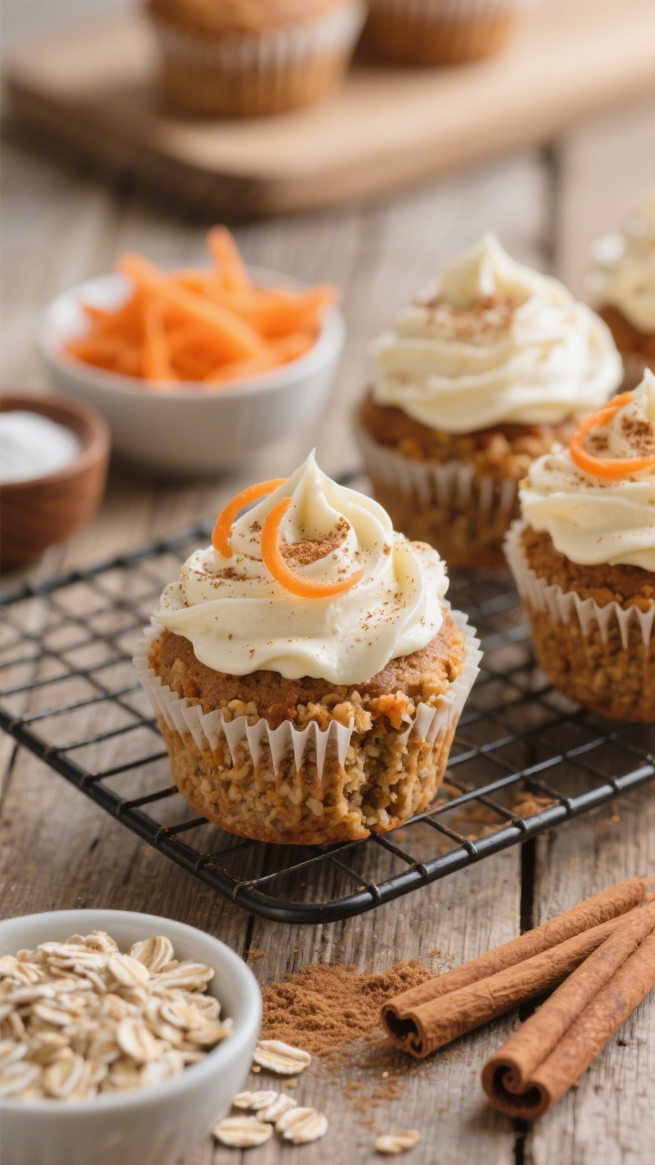 Straight-on hero shot of Cinnamon Carrot Cake Breakfast Cupcakes: rustic cupcakes topped with a generous swoop of maple cream cheese “frosting,” sprinkled with cinnamon and a few curls of finely grated carrot; crumb shows oats and whole wheat/white flour mix, with brown sugar notes; place cooling rack on a wooden surface with small bowls of rolled oats, grated carrot, brown sugar, baking powder, and a dusting of cinnamon; soft, cozy morning light for a bakery-fresh feel.