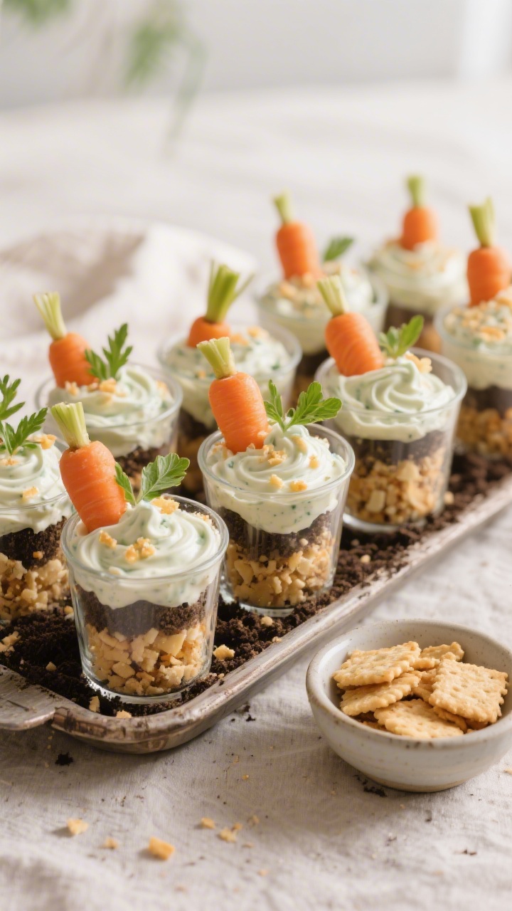 Straight-on, mini “carrot patch” dip cups lined up on a rustic tray: clear tumblers layered with crushed cheese/buttery crackers as “soil,” topped with creamy ranch or French onion dip, baby carrots with leafy tops “planted” upright, cracker crumbs sprinkled on top, a small bowl of extra crushed crackers to the side, neutral linen, soft daylight, crisp focus highlighting textures of dip swirls and crumbly topping, playful Easter vibe.