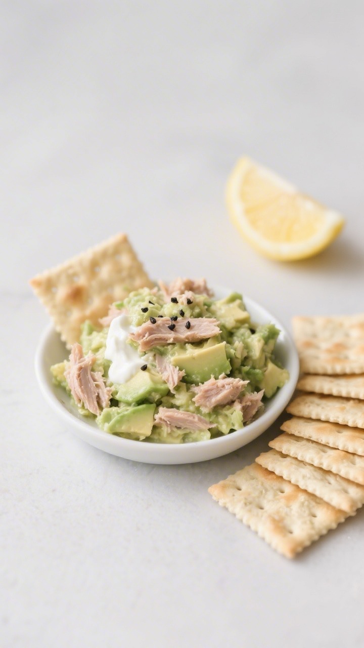 Straight-on minimalist ingredient-meets-final-dish shot of zero-cook tuna–avocado smash with soft crackers: a small bowl of chunky pale-green tuna-avocado mixture (tuna flakes, mashed ripe avocado, a touch of Greek yogurt or mayo, tiny splash of lemon, light pinch of salt and pepper), topped with a few black pepper flecks. Arrange soft, light-colored crackers fanned alongside, with half a lemon wedge in the background. Clean slate surface, bright, fresh feel highlighting creamy texture and appetizing spreadability.