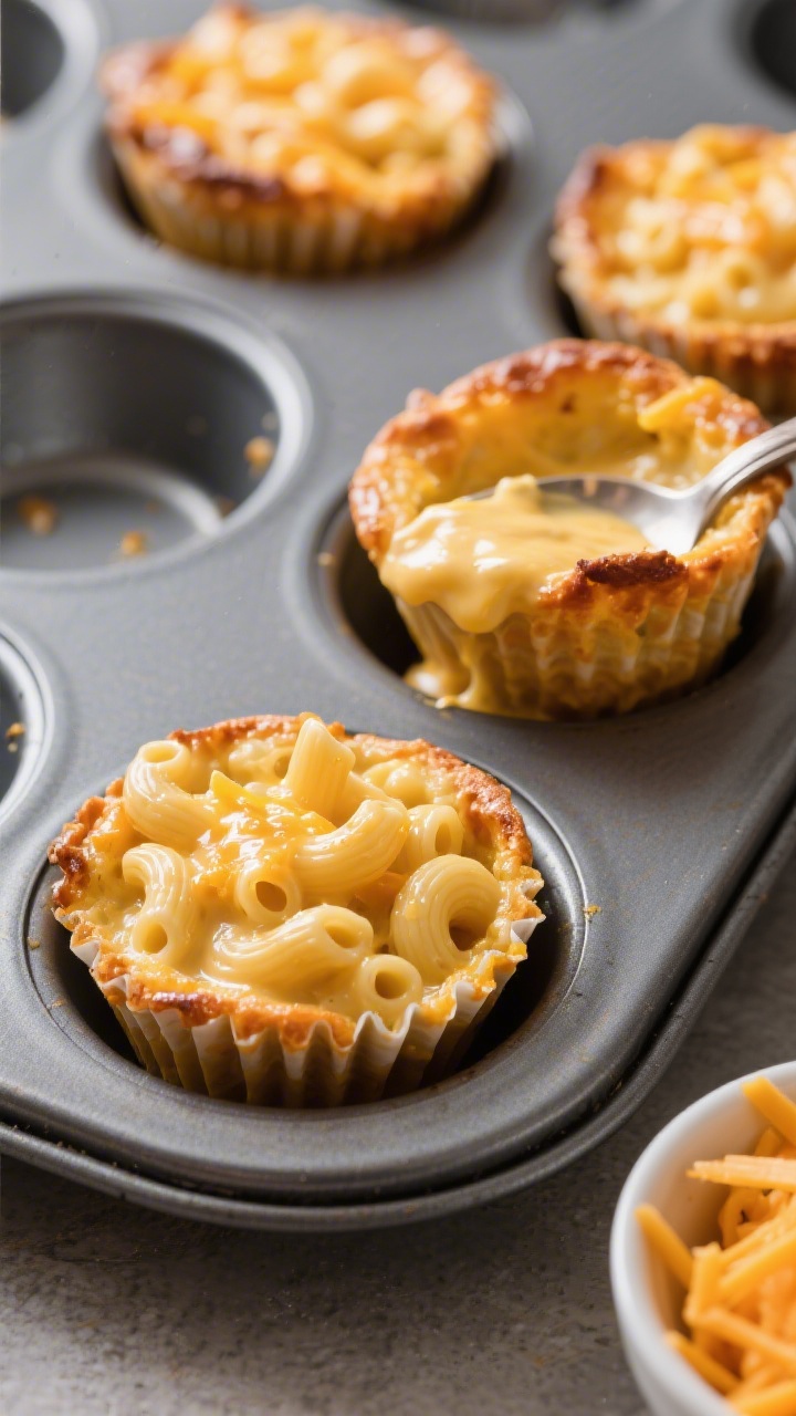 Straight-on muffin tin scene of hidden veg mac and cheese cups: individual baked cups of elbow macaroni bound in a glossy cheddar sauce enriched with pureed butternut squash; tops lightly bronzed with cheese frills; one cup lifted out to reveal creamy interior; props include a small bowl of extra shredded mild cheddar and a spoon with a smear of sauce.
