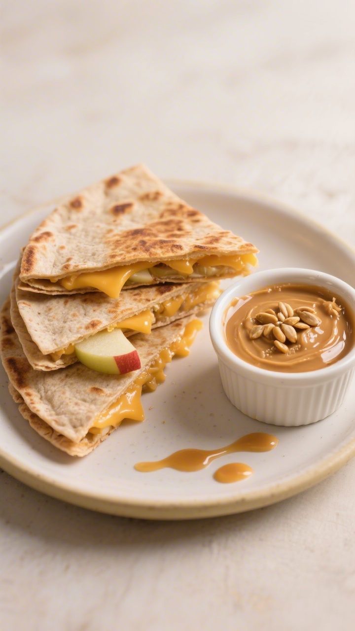 Straight-on plated presentation of apple-cheddar quesadilla wedges: whole-wheat tortillas toasted in butter to a light golden crisp, oozing mild cheddar with thinly sliced crisp apple visible in the layers; wedges stacked on a small kid-friendly plate with a side ramekin of glossy sunflower seed butter “caramel” dip and a drizzle trail on the plate; warm cozy lighting, clean background.