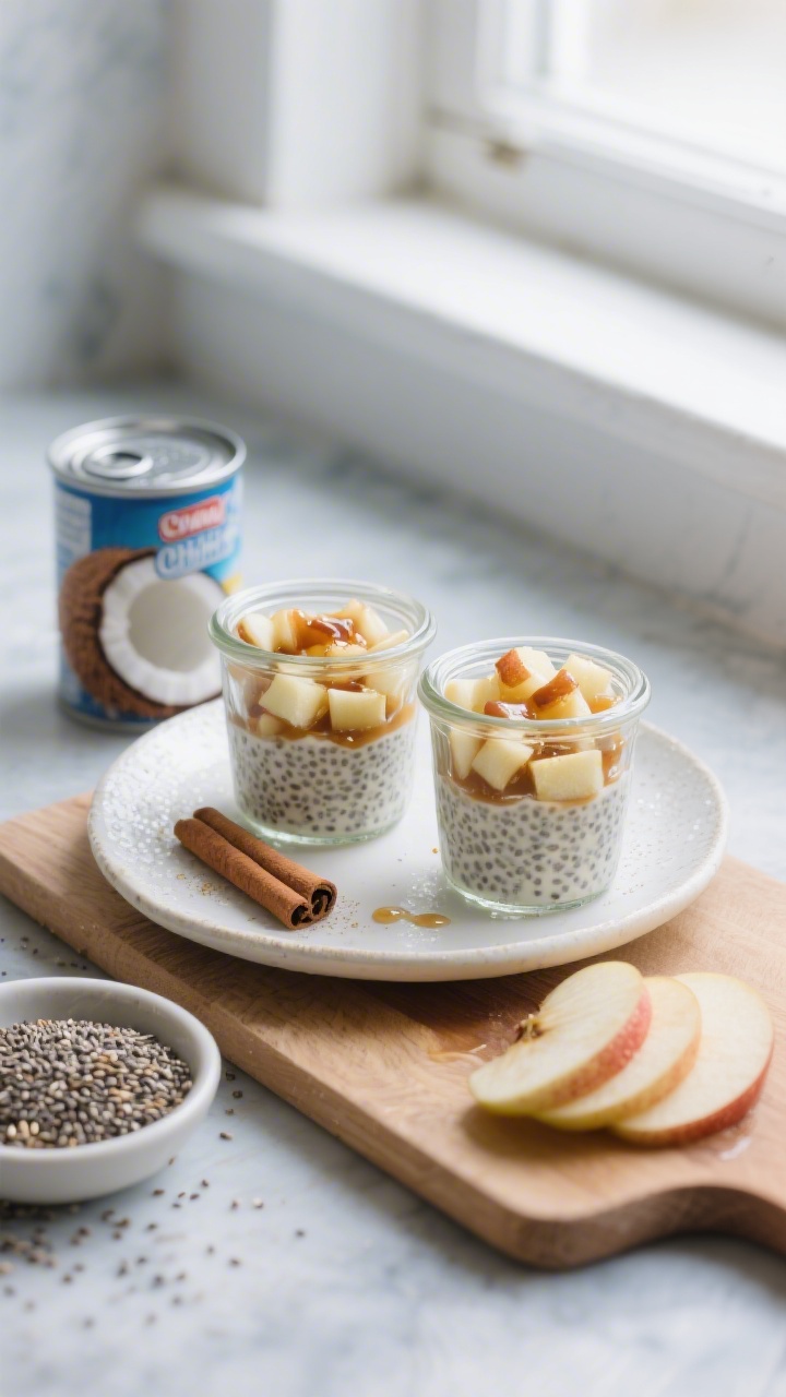 Straight-on plated presentation of Apple Pie Chia Pudding cups layered in small clear jars: speckled coconut milk–chia base, a layer of finely diced tender apple lightly glazed, a drizzle of maple syrup, a sprinkle of cinnamon; props include a coconut milk tin, a small bowl of dry chia seeds, peeled apple slices on a cutting board; cool-toned backdrop, soft cozy vibe, gentle window light, slight condensation on jars for freshness, toddler-friendly portion size.