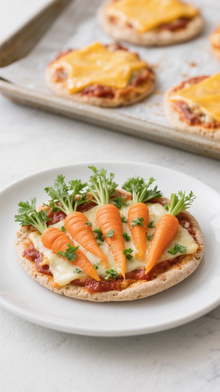 Straight-on plated presentation of Carrot Patch Pita Pizzas: mini whole-wheat pitas topped with a thin layer of pizza sauce, a blend of melted mozzarella and mild cheddar for a sunny color, and neat rows of orange bell pepper triangles “planted” upright like carrot tops, finished with chopped fresh parsley to mimic greenery. A baking sheet lined with parchment in the background showing a few just-out-of-the-oven pies, cheese bubbling. Clean studio light for melty, gooey appeal.
