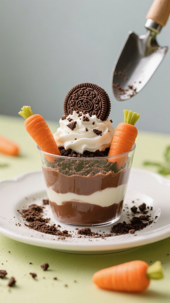 Straight-on plated presentation of Carrot Patch Pudding Cups: clear cups layered with silky instant chocolate pudding made with cold milk, a cloud of whipped topping, and a thick cap of finely crushed chocolate sandwich cookies as edible “soil”; candy or marzipan mini carrots “planted” into the dirt, a light dusting of cookie crumbs on the table, bright, playful styling with a garden trowel prop; focus on the glossy pudding and crumb texture, crisp studio light.