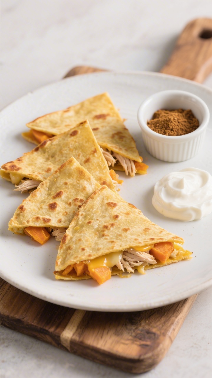 Straight-on plated presentation of cheesy chicken and sweet potato quesadilla triangles: golden-crisp tortillas cut into small triangles, slightly oozing with a soft blend of finely shredded chicken, mashed sweet potato, and melted mild cheddar or mozzarella; a dollop of plain Greek yogurt or sour cream on the side, a pinch of cumin suggested by a tiny ramekin, set on a rustic wooden board with neat kid-friendly portions.