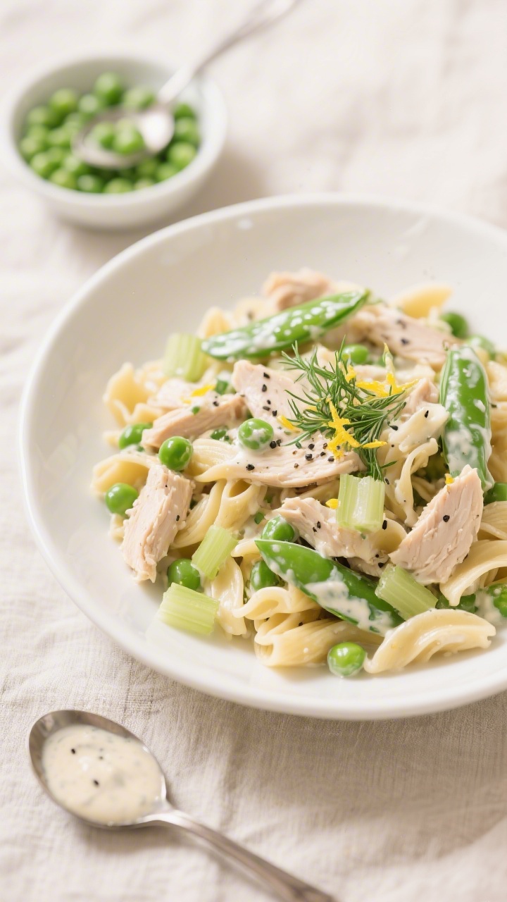 Straight-on plated presentation of Creamy Chicken Pasta Salad With Sweet Peas: gluten-free pasta (8 oz cooked) folded with diced tender chicken, bright sweet peas, finely chopped celery, and a creamy dressing speckled with fresh dill and black pepper; served in a wide shallow white bowl with a light lemon zest garnish; a small side dish showing extra peas and dressing spoon; cool, fresh lunchtime mood with a neutral linen and soft daylight.
